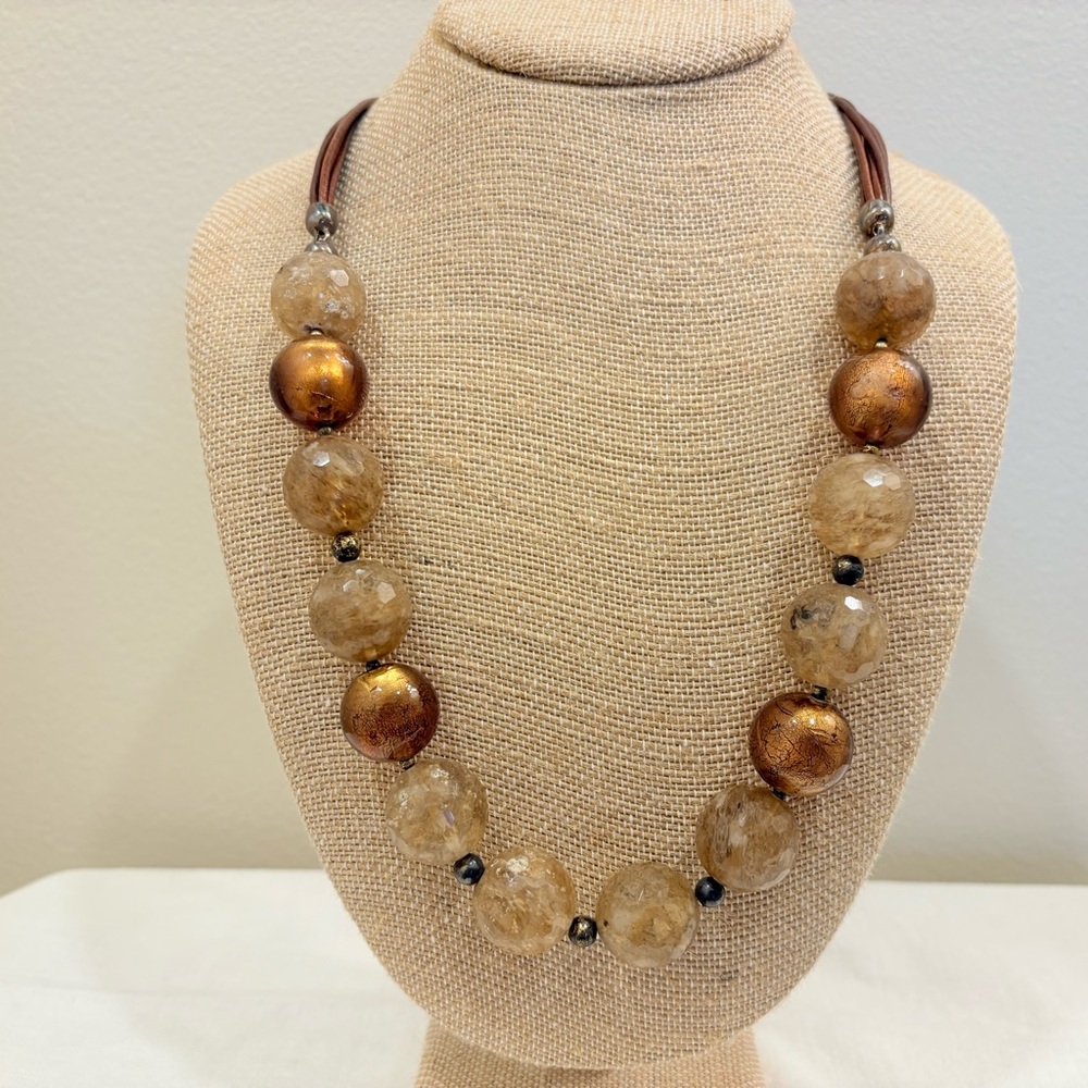 Vintage Chunky Round Beaded Necklace Made In Greece Shiny Metallic 26”